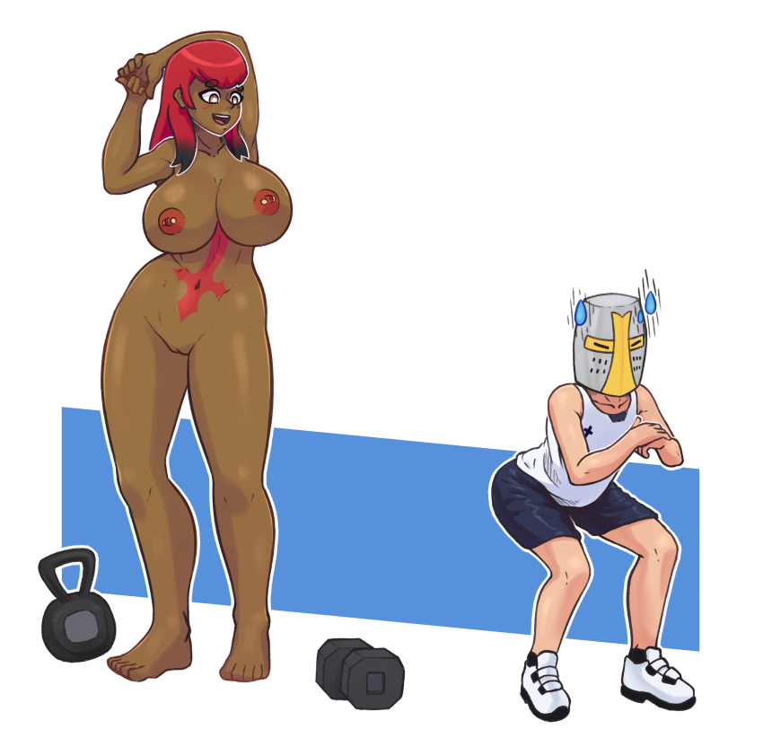 armor armored armour casual_nudity couple dark-skinned_female deus_(mr_deus_vult) greathelm helm helmet knight_armor knight_helmet medieval_armor medieval_armour metal_armor metal_armour metal_helmet metiore mr_deus_vult naked nambi_(mr_deus_vult) nervous original piercing red_hair steel_armor steel_armour sweat