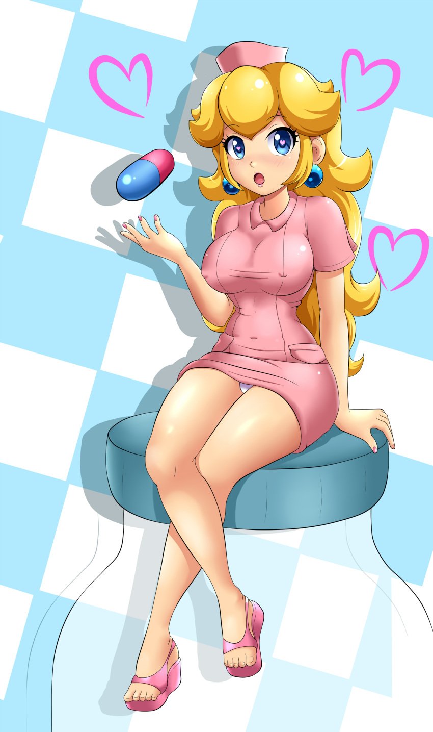 1girls 2017 :o absurd_res bare_arms bare_legs blonde_hair blue_eyes blush bottle breasts checkered checkered_background clothed clothing covered_navel crossed_legs dr._mario_(series) dress earrings eyebrows_visible_through_hair feet female female_only full_body hat heart heart-shaped_pupils highres jar jewelry large_breasts leonart long_hair looking_at_viewer mario_(series) nail_polish nintendo nipple_bulge nurse nurse_cap nurse_peach nurse_uniform open_mouth panties pantyshot pantyshot_(sitting) pencil_dress pill pink_dress pink_nails princess_peach redraw sandals shadow shoes short_dress sigurdhosenfeld simple_background solo thighs tight_clothing toes tongue underwear uniform white_panties