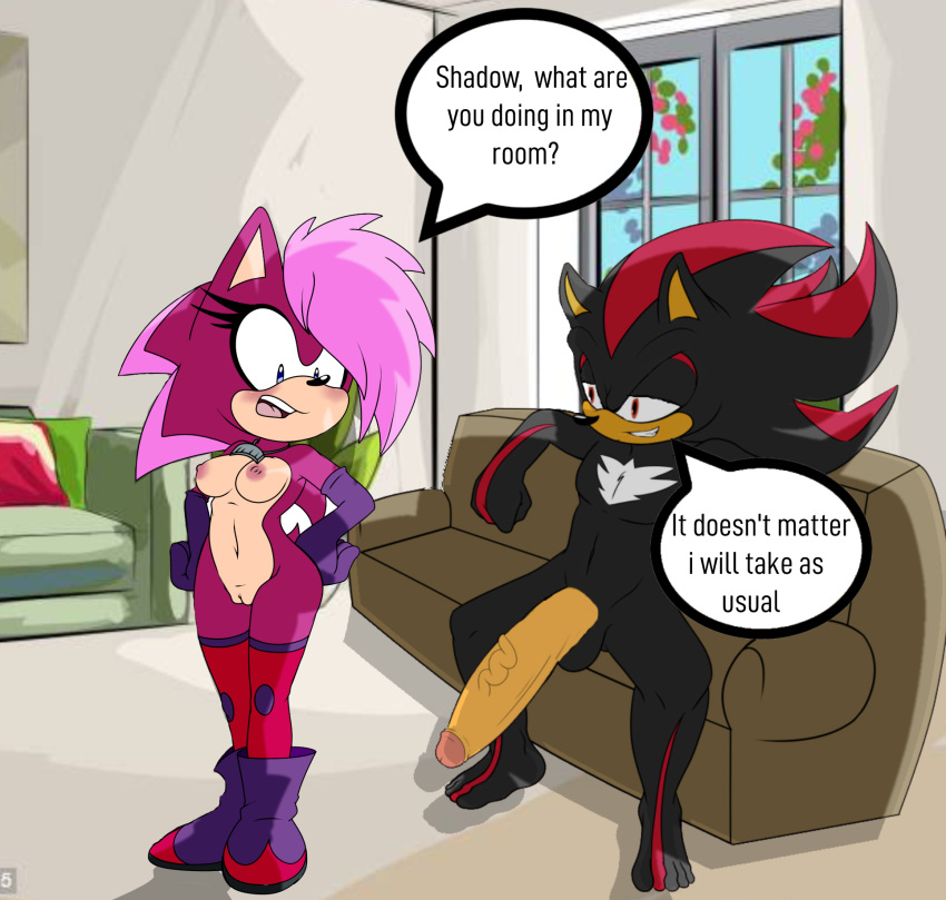 1boy 1girls anthro ass big_penis breasts broken_english busty calling cum dialogue duo edit english_text female furry male nude penis pink_fur pussy sega shadow shadow_the_hedgehog sonia_the_hedgehog sonic_(series) sonic_underground text text_bubble