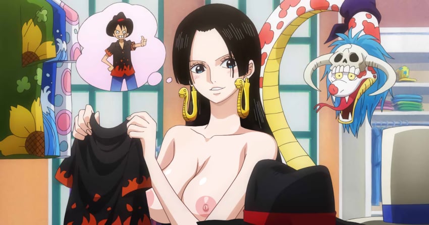 animal artist_request big_breasts boa_hancock edited female male monkey_d_luffy nude_filter one_piece salome_(one_piece) snake