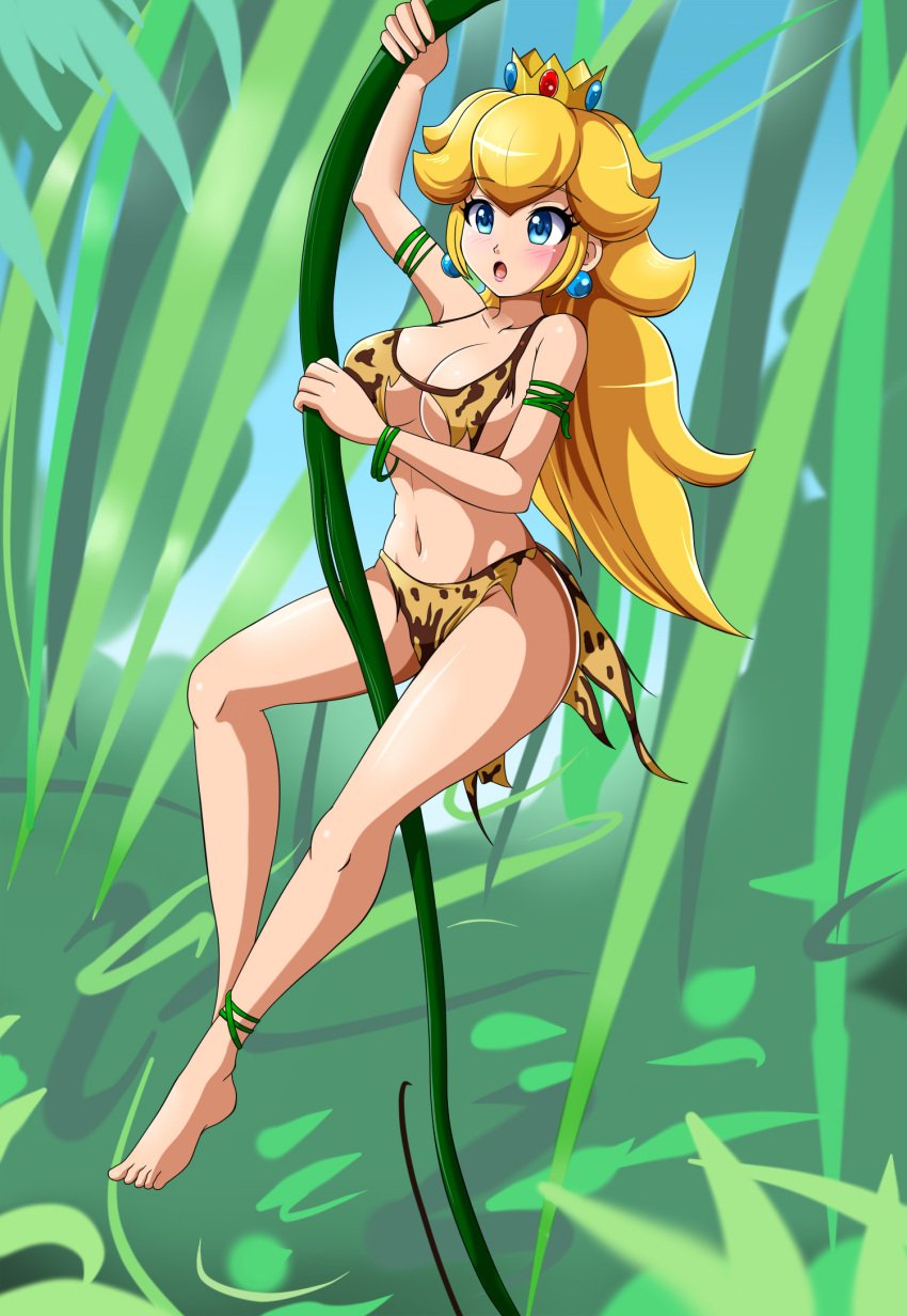 1girls 2017 :o absurd_res anklet armlet bare_legs bare_shoulders barefoot blonde_hair blue_eyes blush bracelet breasts cleavage clothing crown earrings eyebrows_visible_through_hair feet female female_only forest full_body highres jewelry jungle jungle_girl large_breasts leonart leopard_print loincloth long_hair mario_(series) nintendo open_mouth princess_peach redraw revealing_clothes sigurdhosenfeld solo swinging thighs toes tongue tribal vine_swing vines