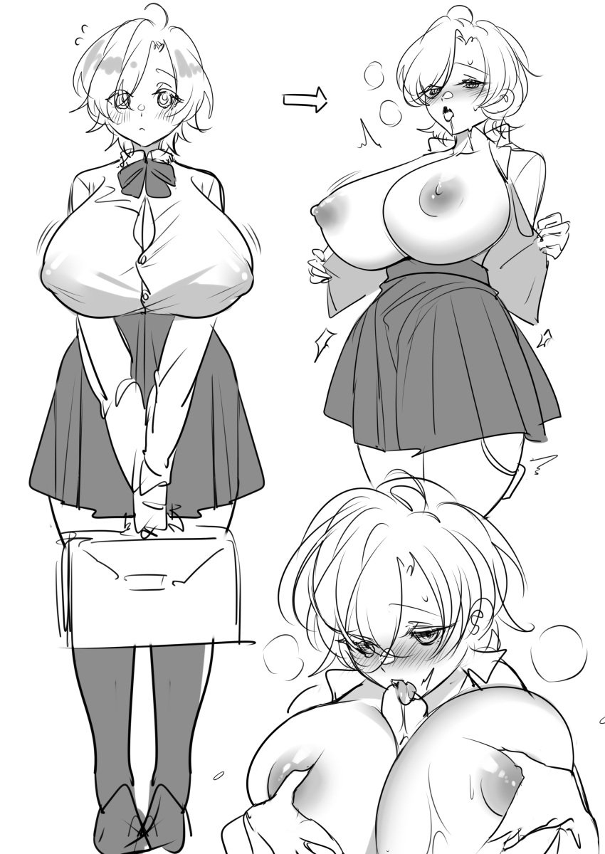 bag big_breasts blowjob blush blushing boobjob breasts breasts_exposed fellatio heavy_blush horny horny_female huge_breasts kurokuroooi large_breasts licking_penis nipple_bulge nipples nipples_visible_through_clothing paizuri penis revealing_breasts school_uniform schoolgirl schoolgirl_uniform short_hair thick thick_thighs thighs unbuttoned_shirt unbuttoning_shirt