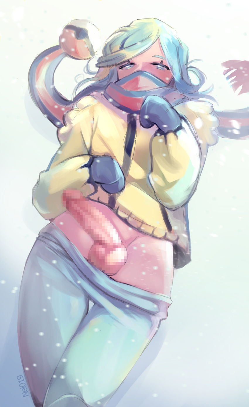 1boy androgynous balls blue_eyes blue_hair censored erection faceless_male femboy feminine_male grusha_(pokemon) laying_on_back light-skinned_male looking_at_viewer male male_only mosaic_censoring nei019 pants_down partially_clothed penis pokemon pokemon_sv scarf snow snowing testicles