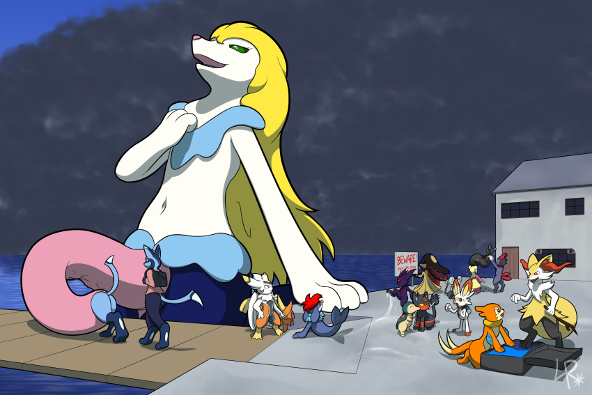 absurd_res ambiguous_gender anthro avian blonde_hair boarding bodily_fluids braixen buizel canid canine clothed clothed/nude clothing cock_bulge cock_vore cum cum_on_ground dock drawing_straws fan_character felid feline feral fox frazone genital_fluids genitals girly green_eyes gremlin grisouille group hair hi_res hybrid lagomorph lineup litten littlerover long_hair lucario macro male male_pred mammal marine mawile mienfoo mustelid navel nickit nintendo nude outside penile penis pinniped pokemon pokemon_(species) popplio prehensile_penis primarina quilava sableye scorbunny seaside shiny_pokémon shiny_primarina sign sirfetch'd sneasel storm suitcase video_games vore waiting