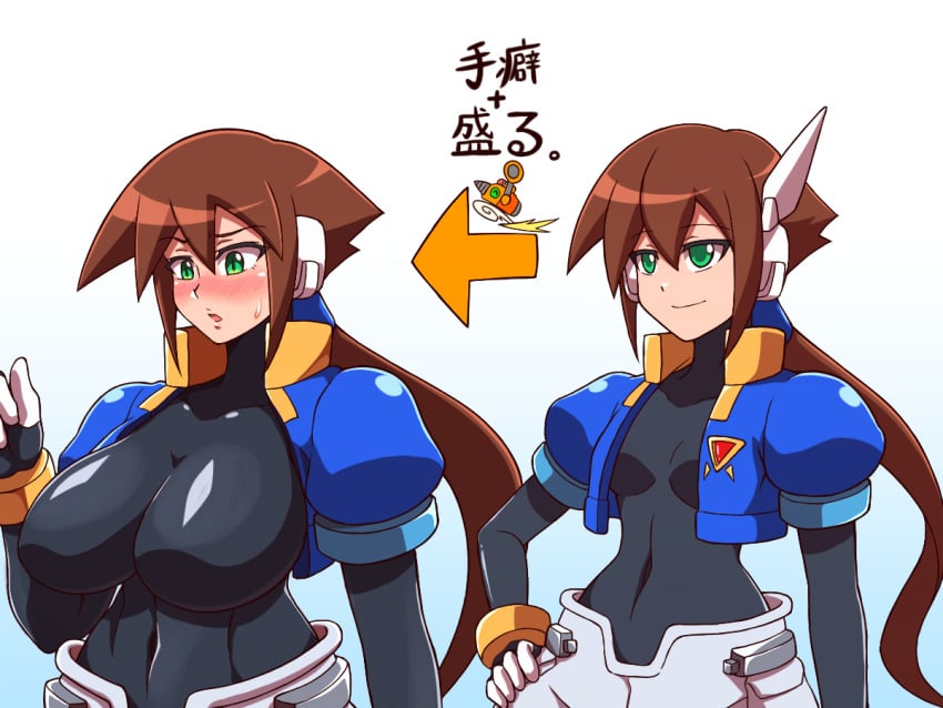 1girls aile alternate_breast_size blush bodysuit breast_expansion brown_hair jacket large_breasts light-skinned_female long_hair mega_man mega_man_zx_advent noburockman ponytail small_breasts solo sweat tagme