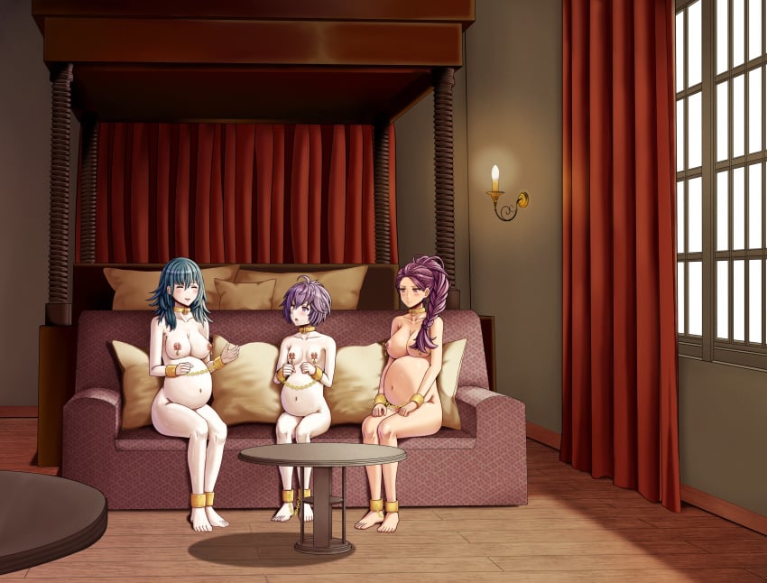 3girls ankle_cuffs bare_legs bare_shoulders barefoot bernadetta_von_varley bondage braid braided_ponytail breasts brown_eyes byleth_(fire_emblem) byleth_(fire_emblem)_(female) candle chains closed_eyes collar collarbone completely_nude couch cuffs dark-skinned_female dark_skin female female_only femsub fire fire_emblem fire_emblem:_three_houses hair_over_shoulder happy happy_sub harem indoors legs long_hair medium_hair multiple_girls multiple_pregnancies multiple_subs nintendo nipple_piercing nipples nude nude_female open_mouth petra_macneary piercing pillow ponytail pregnant purple_eyes purple_hair saikunartworks short_hair shoulders sitting slave small_breasts smile sofa talking teal_hair wrist_cuffs