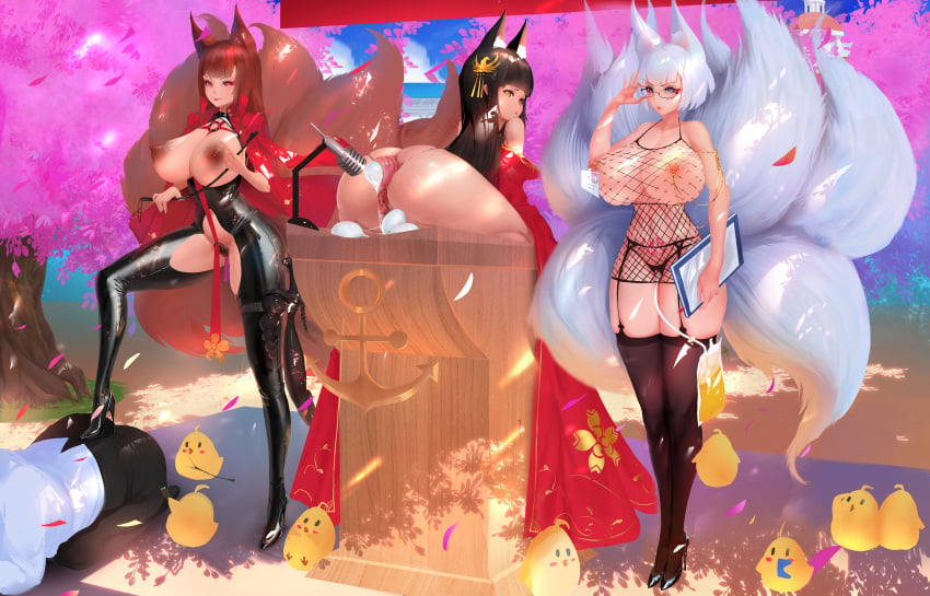 3girls akagi_(azur_lane) anal anal_insertion anal_object_insertion anus ass azur_lane badapple1003 big_ass big_breasts breasts clitoris clitoris_piercing curvy egg egg_laying female female_urethral_insertion fishnet fox_ears huge_ass huge_breasts kaga_(azur_lane) multiple_girls nagato_(azur_lane) nipple_piercing nipples piercing pussy_piercing sounding stockings thick thick_thighs thigh_highs thighhighs thighs urethral_insertion