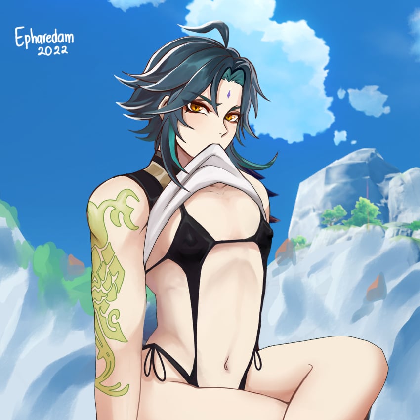 bikini epharedam femboy genshin_impact male male_focus male_only thong xiao_(genshin_impact)