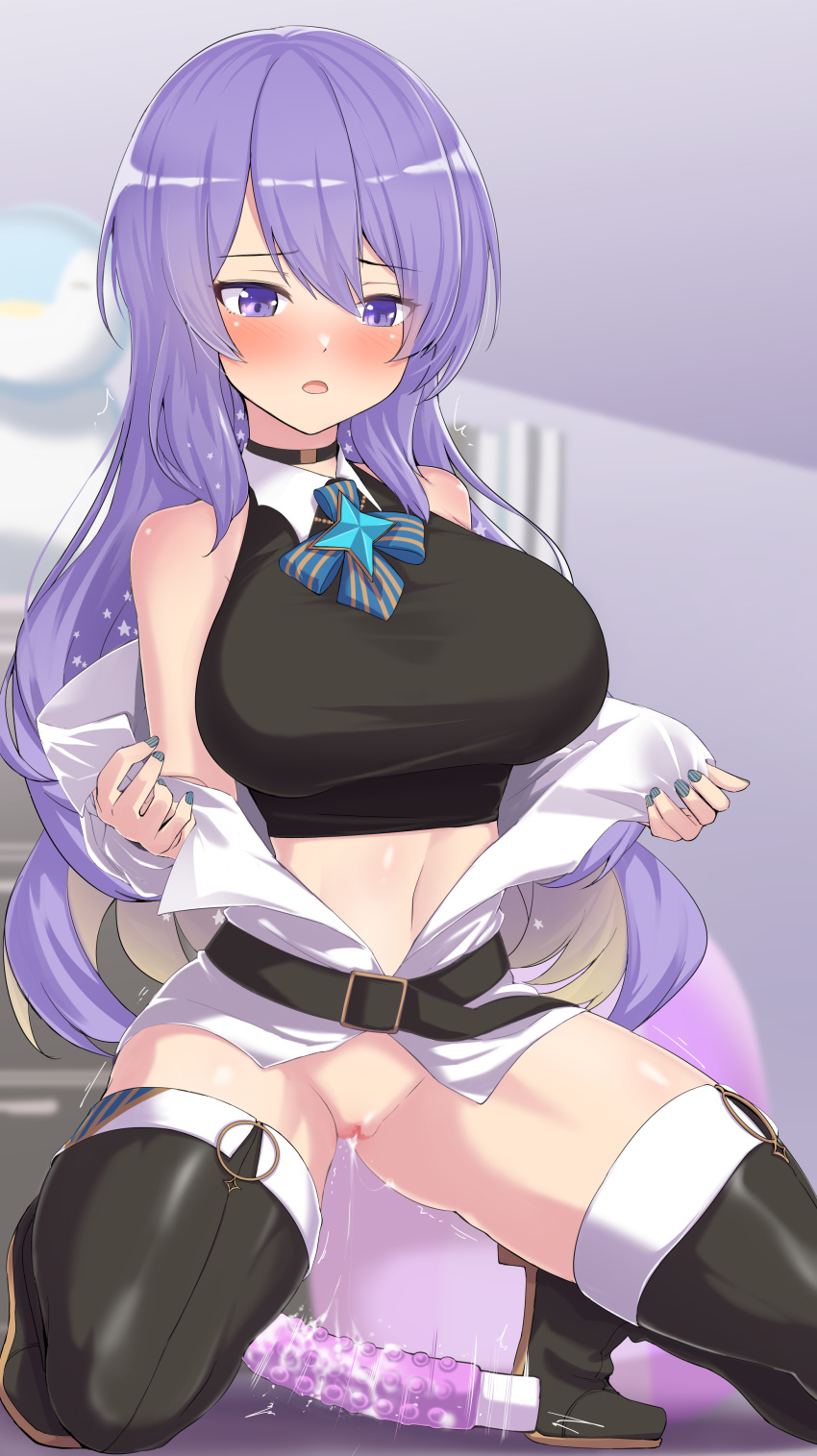 absurdres bangs bare_shoulders belt black_thighhighs blue_nails blush bottomless breasts censored choker dildo female high_heels highres hololive hololive_indonesia hololive_indonesia_area_15 kneeling long_hair mcp150_plus midriff moona_hoshinova mosaic_censoring navel open_mouth purple_eyes purple_hair pussy pussy_juice sex_toy solo thighhighs tiptoes virtual_youtuber