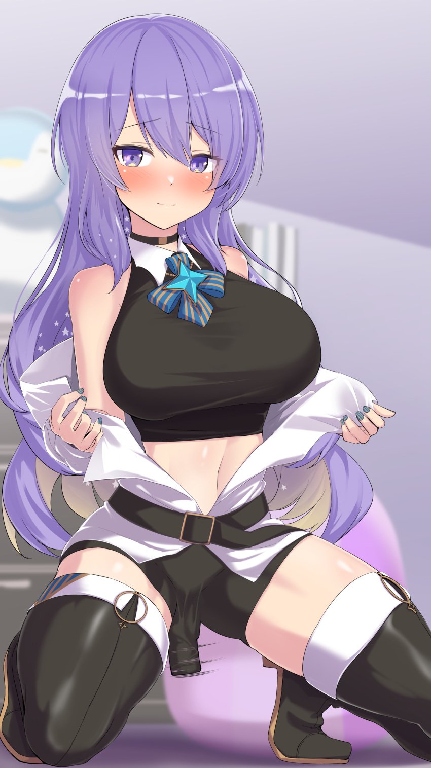 absurdres bangs bare_shoulders belt black_thighhighs blue_nails blush breasts choker dildo_under_clothes female fully_clothed high_heels highres hololive hololive_indonesia hololive_indonesia_area_15 kneeling long_hair mcp150_plus midriff moona_hoshinova navel purple_eyes purple_hair solo thighhighs tiptoes virtual_youtuber