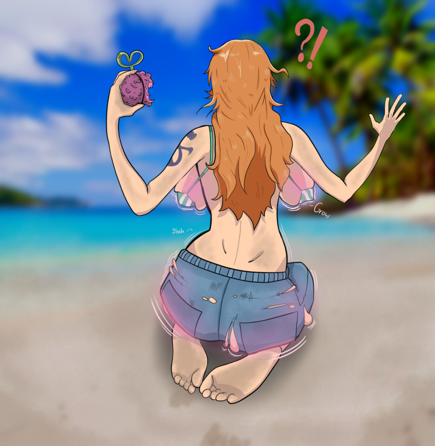 ?! ass ass_expansion back_view beach big_breasts bikini bikini_top breast_expansion devil_fruit expansion feet female female_only growth jeans long_hair nami one_piece orange_hair post-timeskip solo solo_female stinkycokie striped_bikini suprised tattoo torn_clothes