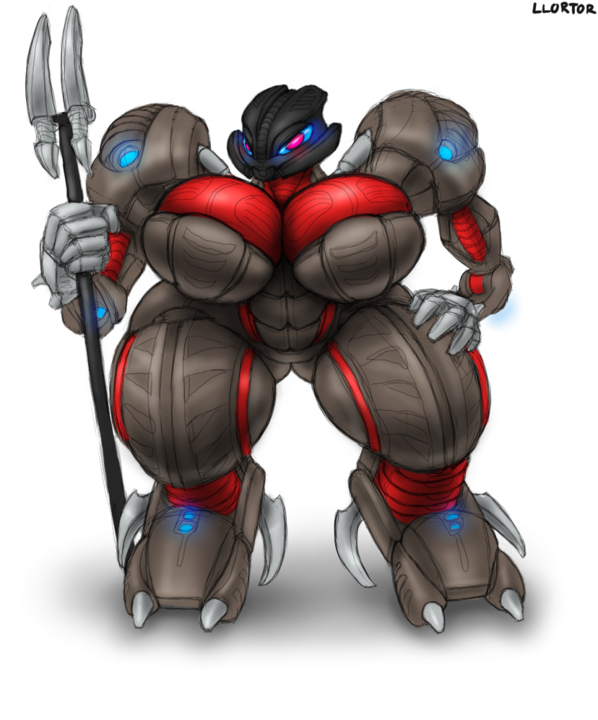 armor big_breasts bionicle blue_eyes blue_sclera breasts chubby digital_media_(artwork) grey_body lego llortor makuta mask masked_female multicolored_eyes red_body red_eyes red_pupils rule_63 snout staff teridax thick thick_thighs two_tone_body wide_hips wide_shoulders