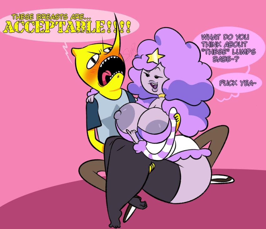 1boy 1girls adventure_time areolae big_ass big_breasts cartoon_network dialogue earl_lemongrab english_text female huge_breasts humanoid lemongrab lumpy_space_princess male nipple_slip nipples pixelzsinful purple_body purple_hair purple_nipples purple_skin source_request speech_bubble tagme thick_thighs yellow_body yellow_skin