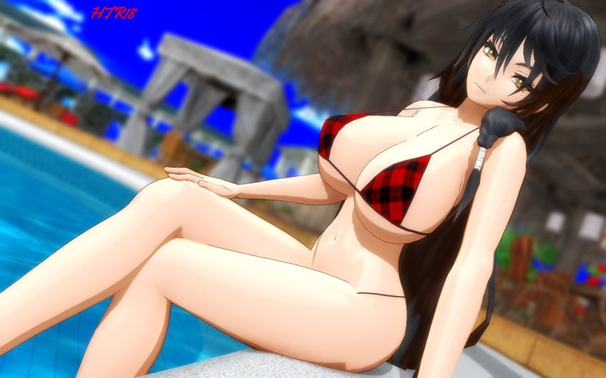 1girls 3d big_breasts bikini bikini_bottom bikini_top black_hair breasts htr18 looking_at_viewer navel outside plaid_bikini pool poolside red_bikini solo solo_female tales_of_(series) tales_of_berseria velvet_crowe yellow_eyes