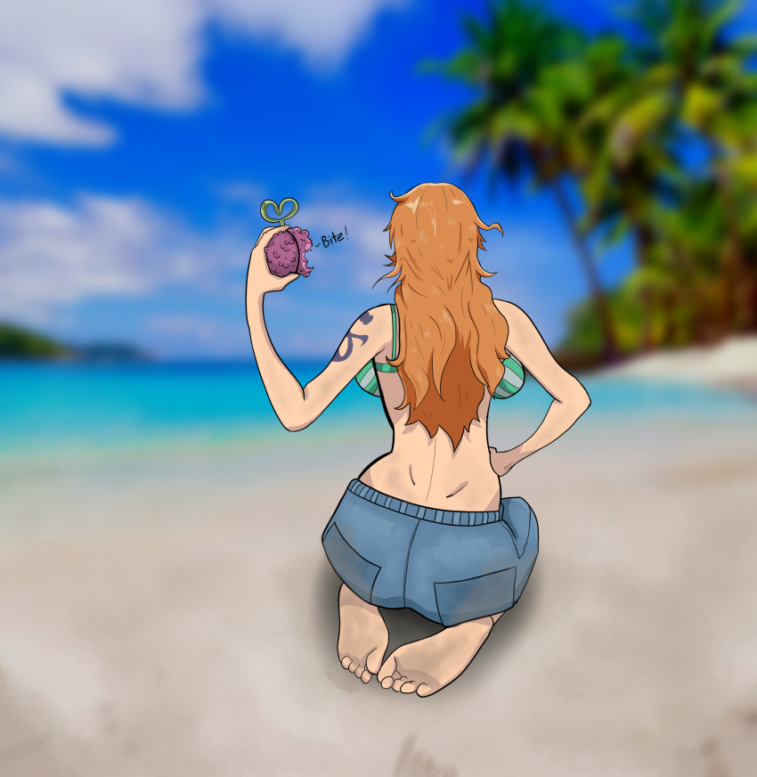 ass back_view beach bikini bikini_top devil_fruit feet female female_only jeans long_hair nami one_piece orange_hair post-timeskip solo solo_female stinkycokie striped_bikini tattoo