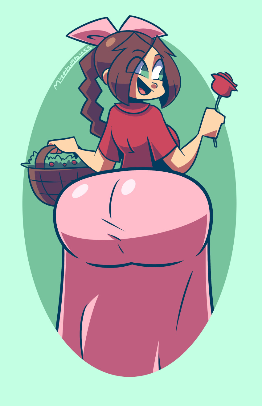 1girls 2022 aerith_gainsborough ass ass_in_dress basket big_ass bottom_heavy brown_hair bubble_butt clothing dress fat_ass female female_only final_fantasy final_fantasy_vii final_fantasy_vii_remake flower green_eyes hair_ribbon huge_ass mythabyss solo square_enix thick_thighs wide_hips