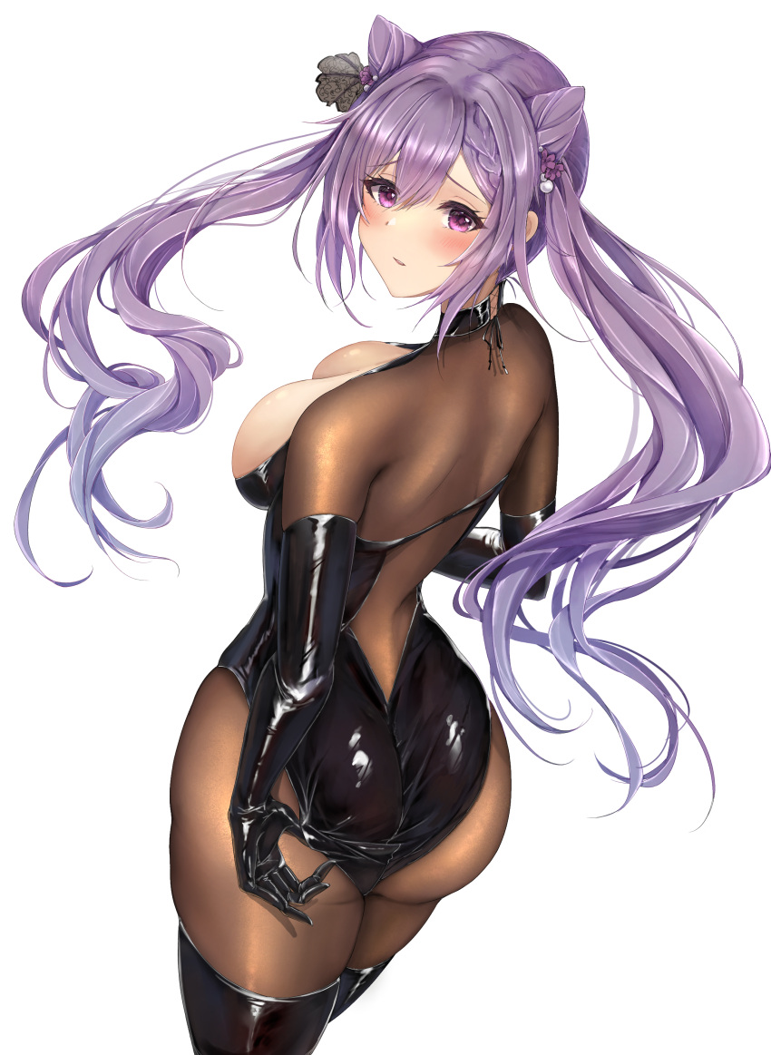 alternate_costume ass bangs beads black_gloves black_leotard black_ribbon black_thighhighs blush bodystocking bodysuit bodysuit_under_clothes braid breasts brown_bodysuit cleavage cone_hair_bun cowboy_shot double_bun elbow_gloves female floating_hair genshin_impact gloves hair_bun hair_ornament hair_ribbon highleg highleg_leotard keqing_(genshin_impact) latex latex_gloves latex_leotard leotard looking_at_viewer medium_breasts nyome991 parted_lips purple_eyes purple_hair raised_eyebrows ribbon shiny shiny_clothes shiny_hair shiny_skin sideboob simple_background solo swept_bangs thighhighs twintails white_background