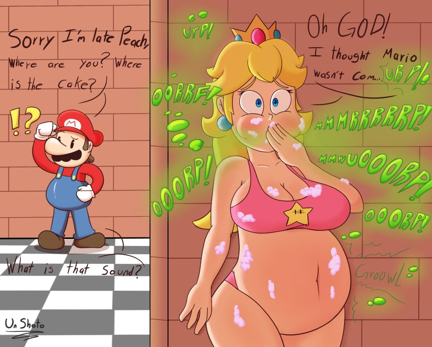 belch belching belly big_belly bloated_belly blonde_hair burp burp_cloud burp_fetish burping crown male mario mario_(series) princess_peach sports_bra stuffed_belly un_shoto