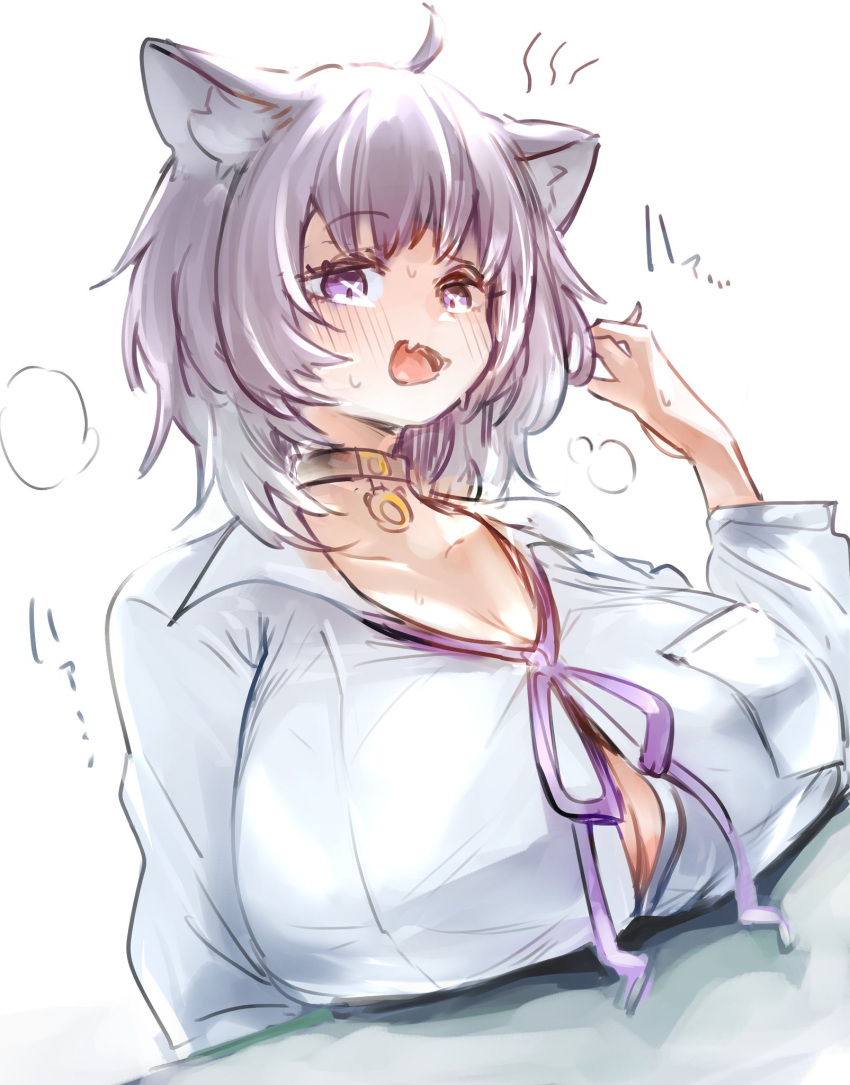 big_breasts breasts_on_table cat_ears catgirl choker collar hololive hololive_gamers hololive_japan huge_breasts ikayaki large_breasts nekomata_okayu purple_eyes purple_hair short_hair smug stretched_clothes text virtual_youtuber