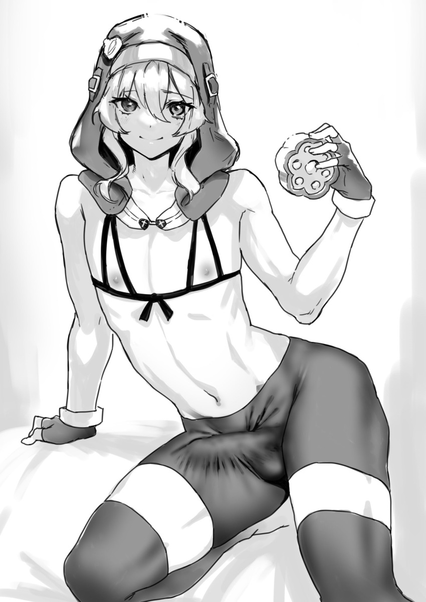 bridget erection_under_clothes femboy girly guilty_gear meme50 monochrome penis_under_clothes pose shorts sitting smile solo string_bikini