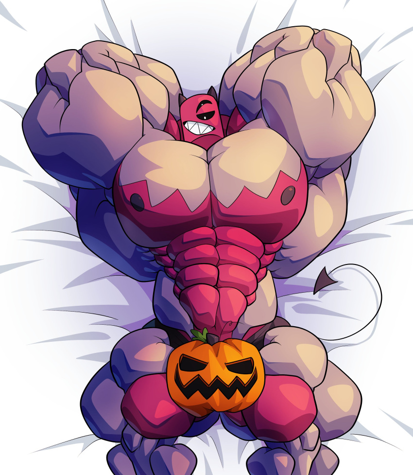 1boy anthro bara cerwcerw convenient_censoring convenient_censorship covering_crotch halloween jack-o'-lantern looking_at_viewer male male_only monster muscular muscular_male original original_character pecs pumpkin rene_(cerwcerw)