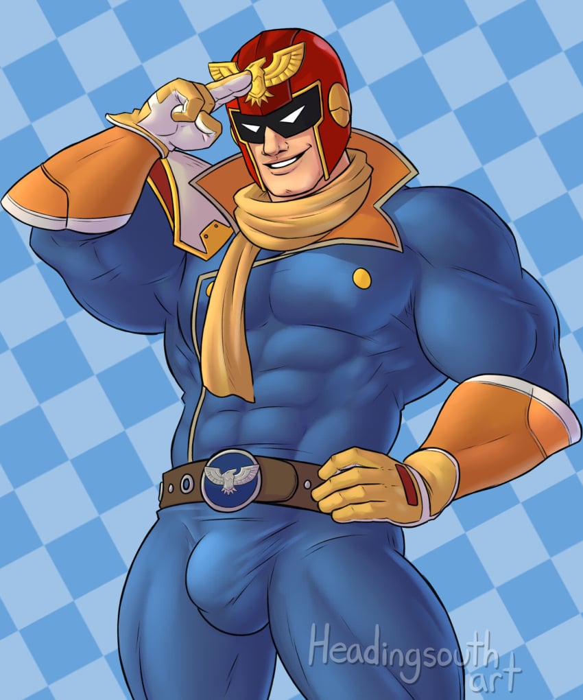 balls bara bulge captain_falcon f-zero fully_clothed gay hand_on_hip headingsouth looking_at_viewer male male_only muscles muscular nintendo penis salute solo solo_male