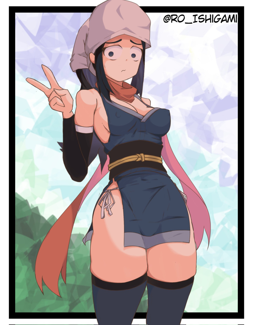 1girls akari_(pokemon) breasts_visible_through_clothing female female_only japanese_clothes peace_sign pokemon pokemon_legends:_arceus pokemon_trainer red_scarf ro203saul ro_ishigami scared_expression scarf small_pupils solo tagme thighhighs worried worried_expression worried_face worried_look