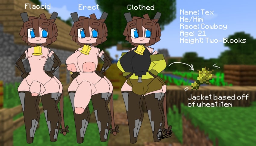 1boy 2d 2d_(artwork) balls bottom_heavy breasts busty_boy cdk character_profile character_sheet cow_ears cow_print cow_tail cowboy curvy femboy gynomorph huge_breasts male male_only male_with_breasts minecraft penis shorts solo standing tail thick_thighs thighhighs twink wide_hips