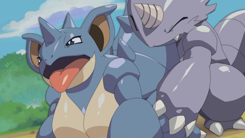 ahe_gao ambiguous_gender anthro anthro_on_anthro breasts chubby colored doggy_style duo female from_behind_position hi_res hidoihito looking_pleasured male male/female nidoqueen nintendo pokemon pokemon_(species) rhydon sex tongue video_games