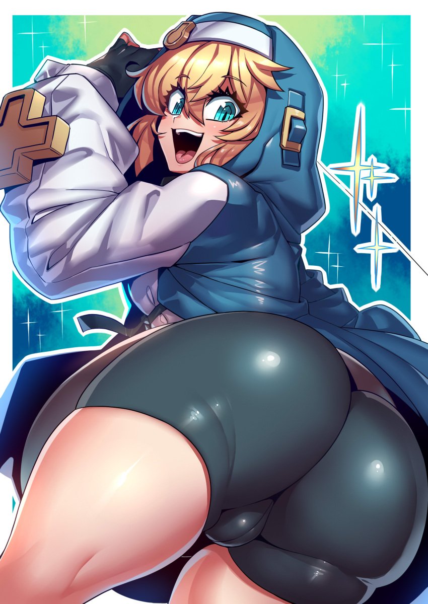 1boy androgynous ass back_view backsack balls big_ass bike_shorts blonde_hair blue_eyes blush bridget bulge eye_contact femboy fully_clothed gloves guilty_gear guilty_gear_strive happy huge_ass long_hair looking_at_viewer male male_only shiny_clothes shorts solo solo_male spandex_shorts thick_thighs thighs tsuki_wani tsukiwani tukiwani wide_hips