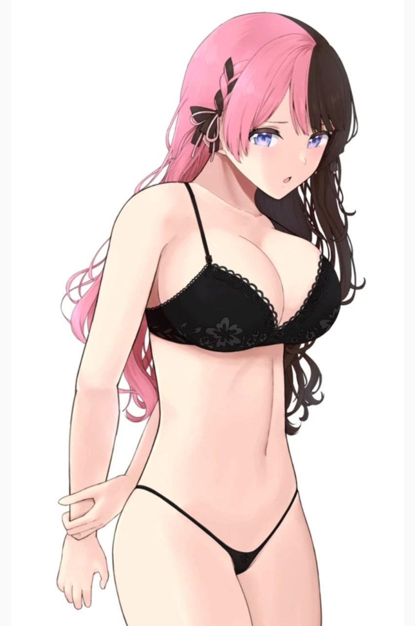 1girls black_bra black_panties black_underwear blue_eyes blush brown_hair curly_hair female female_focus female_only huge_breasts light-skinned_female light_skin looking_at_viewer o open_mouth pink_hair shumichi shy solo solo_female solo_focus string_panties tachibana_hinano_(vtuber) thick_thighs two-tone_hair two_tone_hair virtual_youtuber vspo! white_background