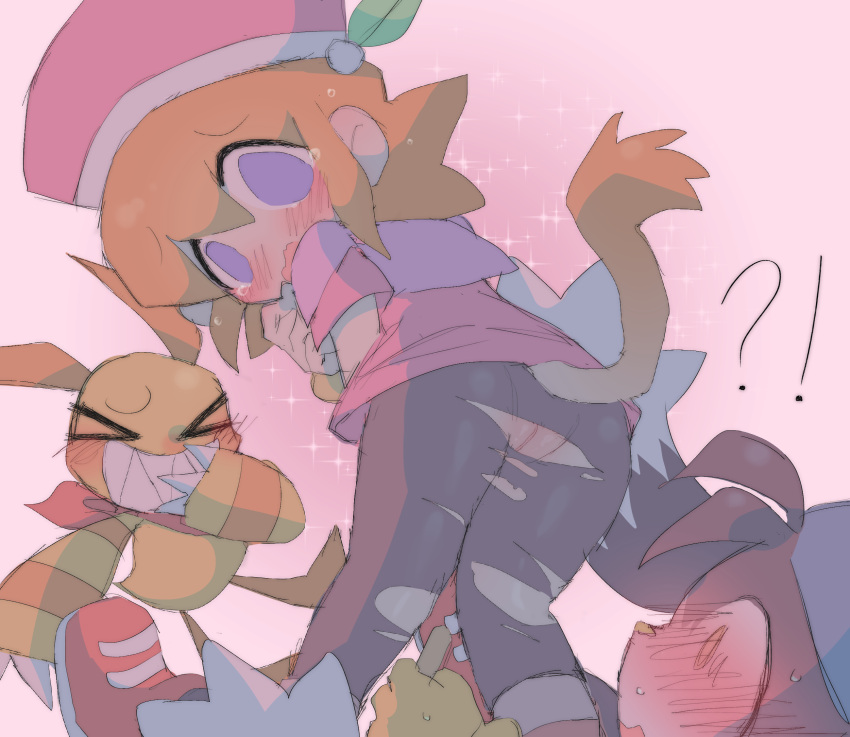 1girls 2boys ?! animal_tail ass black_fur blush crying embarrassed female female_focus furry ginger hat idoru klonoa klonoa_(series) laughing lolo_(klonoa) no_panties orange_hair pantyhose pink_background popka purple_eyes pussy ripped_pantyhose sharp_teeth shy surprised surprised_expression thighs