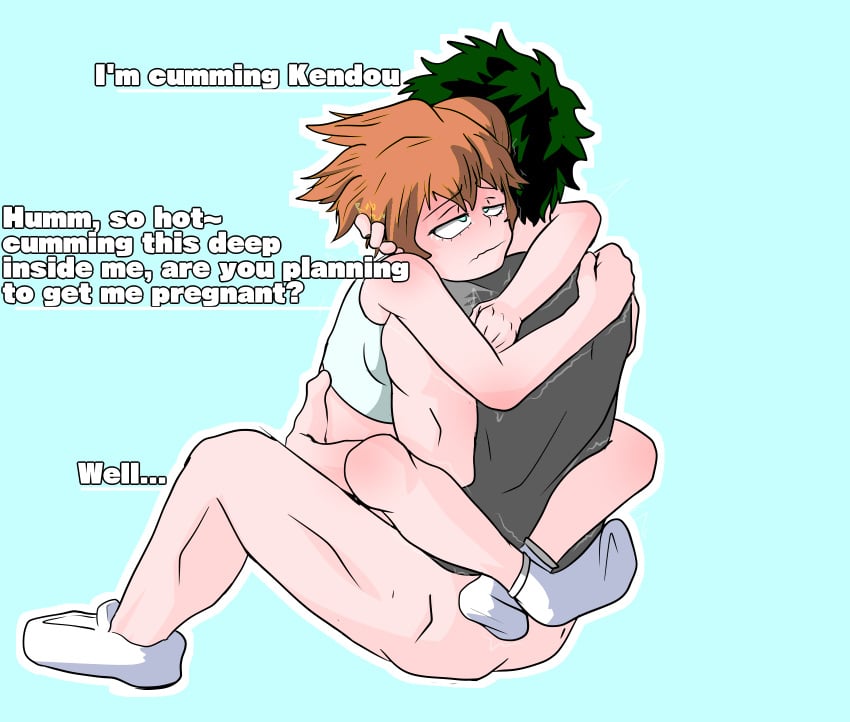 1boy 1girls big_penis blue_eyes bottomless color_edit cowgirl_position crying female green_hair hug huge_cock impregnation_risk itsuka_kendou izuku_midoriya kendou_itsuka leg_lock light-skinned_female light-skinned_male light_skin lotus_position male male/female midoriya_izuku muscular muscular_male my_hero_academia pregnancy_risk red_hair sex shoes side_ponytail sitting_on_penis socks straight tears text third-party_edit trembling unseen_male_face wellllll