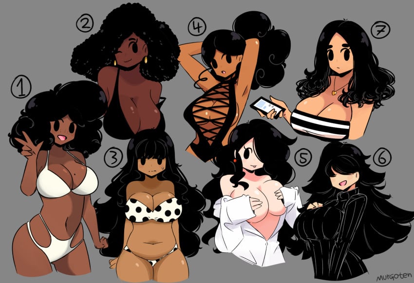 7girls big_breasts breasts dark-skinned_female female light-skinned_female mob_face murgoten oversized_shirt sweater swimsuit