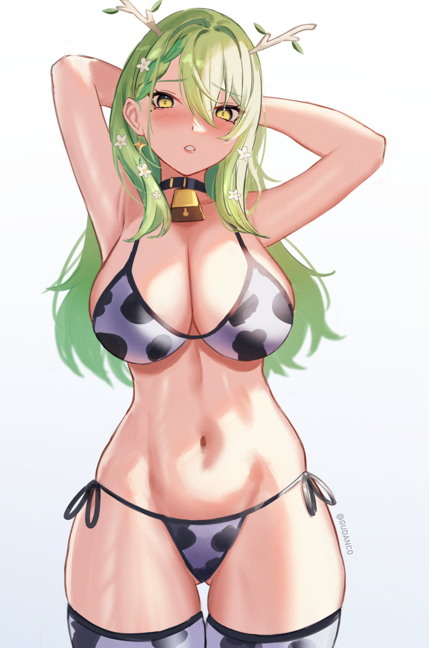 1girls arms_behind_head arms_up beauty_mark bell_collar bikini ceres_fauna choker cow_bikini cowbell ear_piercing earrings embarrassed flowers_in_hair green_hair gudanco_(nyanmeowzer) hologram hololive hololive_english hololive_english_-council- hololive_english_-promise- horns large_breasts light-skinned_female light_skin single_braid thighhighs virtual_youtuber yellow_eyes