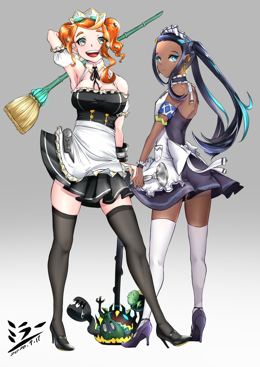 2girls alternate_costume apron black_hair blue_eyes blue_highlights breasts broom earrings green_eyes gulpin guzzlord heart_hair_ornament high_heels highlights_(coloring) maid maid_apron maid_headdress maid_uniform medium_breasts multiple_girls nessa_(pokemon) orange_hair pokemon pokemon_sm pokemon_ss small_breasts sonia_(pokemon) thighhighs trubbish twintails マイク・ミラー