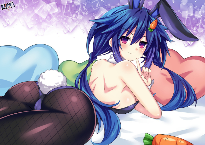 1girls ass bed big_ass big_breasts blue_hair blush braid breasts bubble_butt busty come_hither dat_ass duplicate female female_only finger_to_mouth hi_res kurome_ankokuboshi large_breasts legs leotard lewdkuma looking_at_viewer looking_back low_twintails lying neptunia_(series) on_stomach purple_hair rabbit_ears rabbit_tail seductive seductive_smile sensual sideboob smile solo thighs twin_braids twintails voluptuous