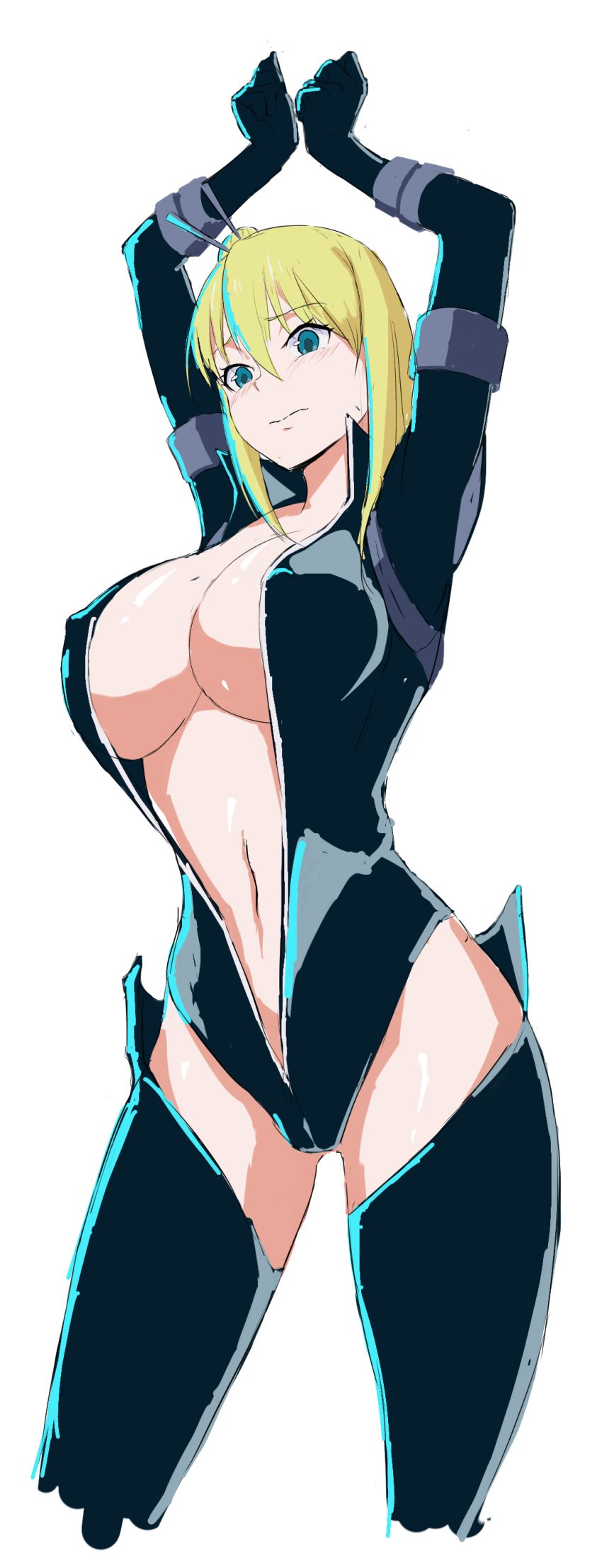 1girls absurdres aqua_eyes arms_up big_breasts blonde_female blonde_hair blush bodysuit breasts busty cleavage female female_only hair_bun hi_res large_breasts legs nancy_lee navel ninja_slayer no_bra open_bodysuit solo thighs voluptuous