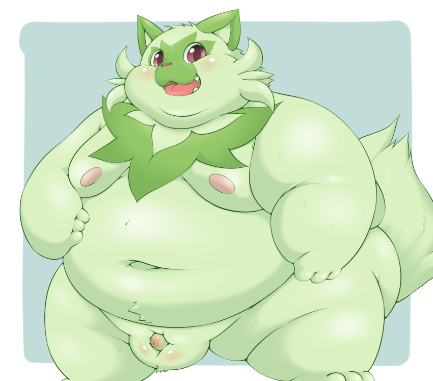 2022 anthro anthrofied balls belly big_belly blush fur furry furry_only genitals green_body hamatnk hi_res kemono male male_only micropenis moobs navel nintendo nipples obese obese_male overweight overweight_male penis pokémon_(species) pokemon pokemon_sv simple_background small_penis solo sprigatito tail video_games