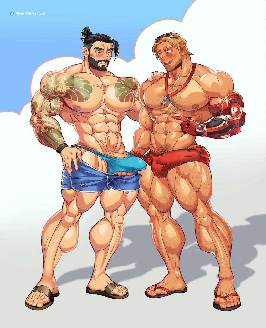 abs biceps big_bulge big_penis black_hair blizzard_entertainment blonde_hair bulge cole_cassidy gay hanzo_shimada khanthedestroyer lifeguard_cassidy male male_focus male_only muscle muscles muscular muscular_arms muscular_ass muscular_back muscular_legs muscular_male muscular_thighs nipples overwatch pecs shorts swimsuit thong veins