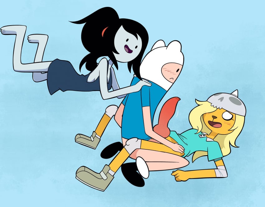 2020 adventure_time animal_genitalia animal_penis anthro black_hair blue_background blush bronwyn canid canine canine_penis cartoon_network clothed clothing clothing_lift erection female finn_the_human futa_is_bigger futa_sans_balls futanari genitals group gynomorph gynomorph/male hair hand_on_shoulder hi_res human human_on_anthro intersex intersex/male interspecies joshin knot long_hair lying male mammal marceline marceline_abadeer on_back open_mouth penis shirt shirt_lift side_view simple_background topwear trio vampire