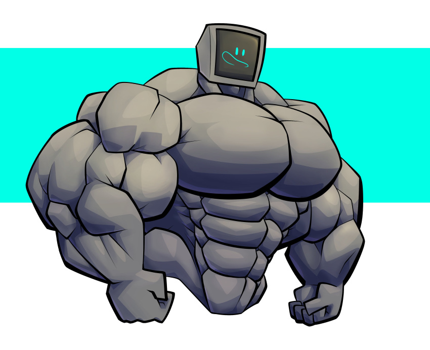 1boy abs anthro bara barazoku biceps cerwcerw grey_body hyper hyper_muscles marcus_(cerwcerw) muscles muscular muscular_male object_head original pecs smiling solo topless