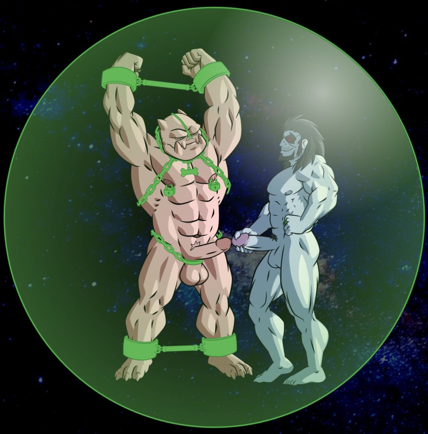 abs alien alien_humanoid anthro balls biceps black_hair bondage bound chained chained_up chains dc dc_comics dilgearwolfang duo genitals green_lantern_(series) hair hi_res humanoid kilowog lobo_(dc) male male_only muscular muscular_anthro muscular_humanoid muscular_male nipple_piercing nipples pecs penis peril piercing pink_body red_eyes space submissive submissive_male superhero yaoi