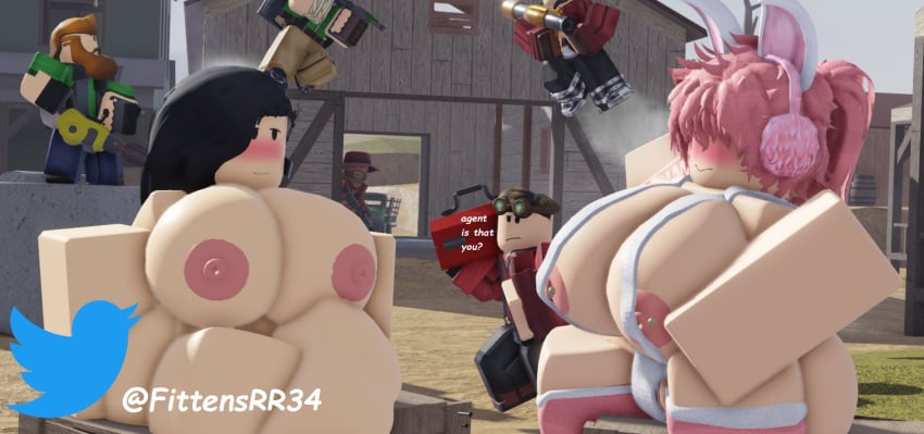 2girls 3d 5boys agent_(rolve) background_characters brute_(rolve) dialogue english_text fittens flanker_(rolve) marksman_(rolve) mechanic_(rolve) naked naked_female original_character roblox roblox_game robloxian rolve sitting source_request tagme trooper_(rolve) twitter_username typical_colors_2