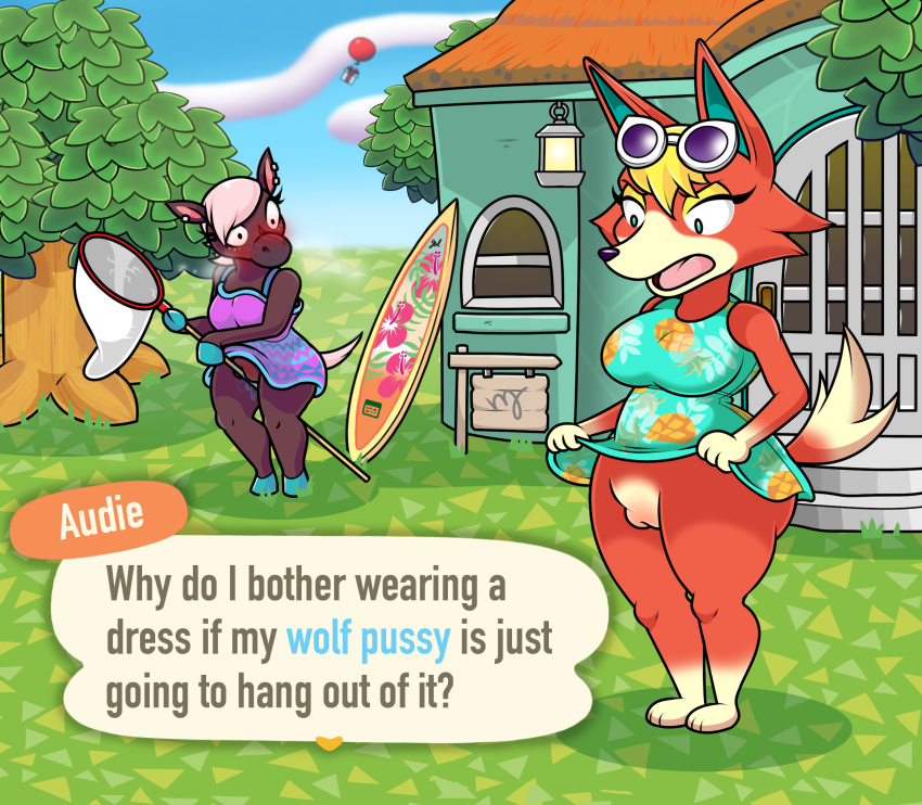 animal_crossing anthro audie_(animal_crossing) being_watched blush bottomless bottomwear bug_net building canid canine canis casual_bottomless casual_nudity clothed clothing clothing_lift common_sense_change dress duo english_text equid equine eyewear eyewear_on_head female gift hi_res horse house looking_at_another mammal meme nintendo outside plant reneigh_(animal_crossing) skirt skirt_lift sunglasses sunglasses_on_head surfboard text tinydevilhorns tree video_games wolf