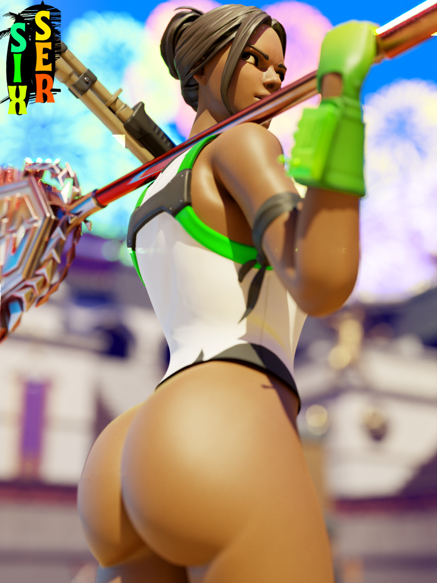 1girls 3d aline_(fortnite) ass big_ass big_butt bottomless bubble_butt butt dark-skinned_female dark_skin dat_ass female female_only fortnite fortnite:_battle_royale major_glory_(fortnite) partially_clothed sixser solo