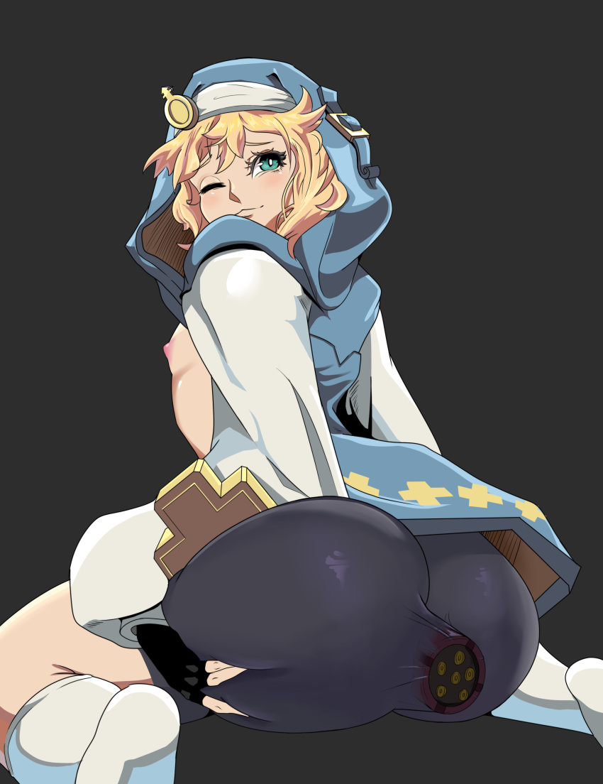 1boy anal_insertion anal_masturbation androgynous ass big_ass big_butt blonde_hair blue_eyes blush bridget byme dildo dildo_in_ass femboy girly guilty_gear guilty_gear_strive long_hair looking_at_another looking_back male male_only nipples object_insertion one_eye_closed sex_toy shorts socks solo solo_male spandex_shorts thick_thighs thighs transparent_clothing