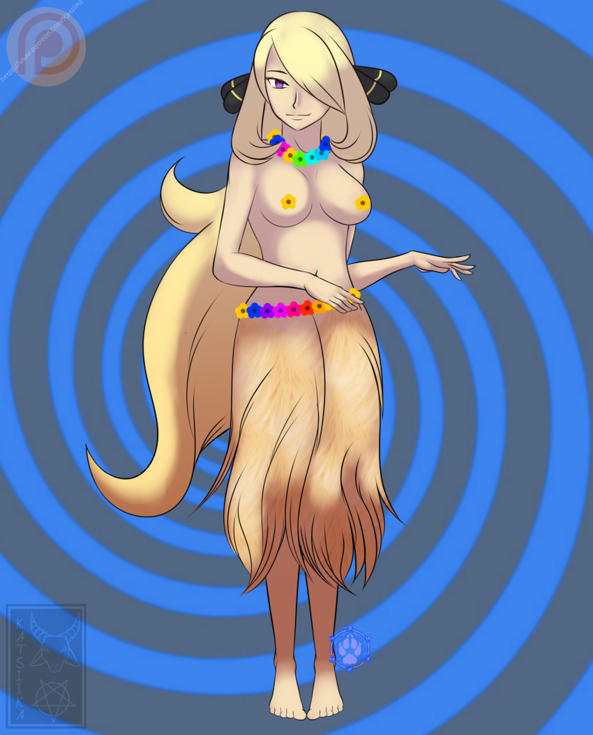 blonde_hair cynthia_(pokemon) game_freak grass_skirt hula hula_skirt hypnosis hypnotic_eyes katsiika lei nintendo patreon patreon_link patreon_logo patreon_reward pokemon purple_eyes spiral_background star_pasties topless topless_female watermark