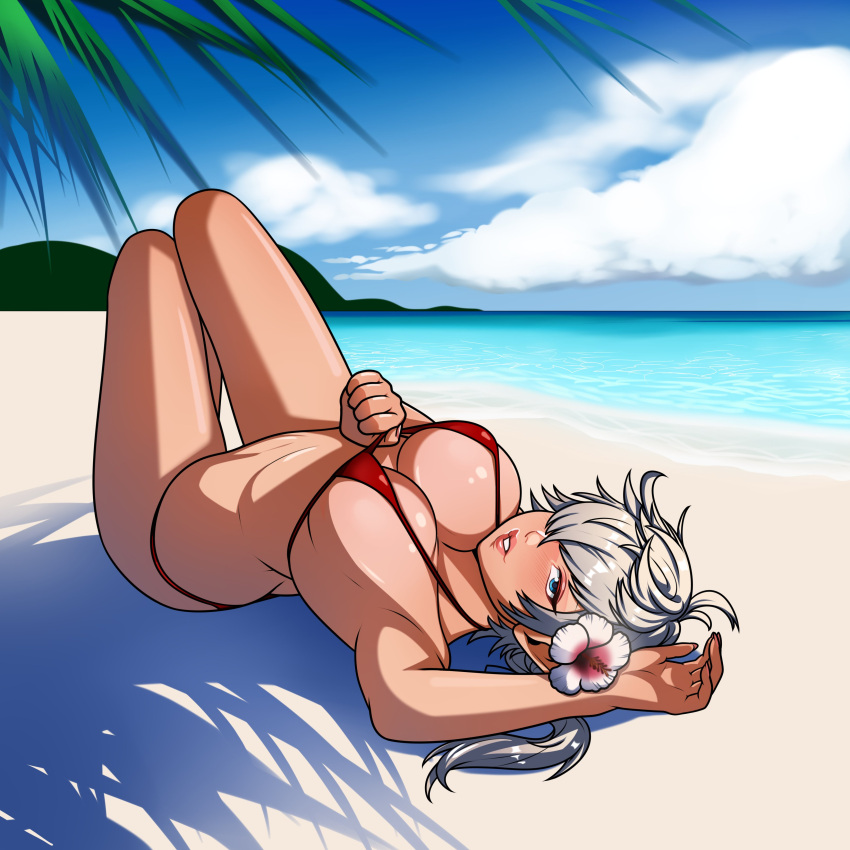 1girls alisaie_leveilleur beach bikini blue_eyes breasts cleavage elezen elf elf_ears elf_female elf_girl female female_focus female_only final_fantasy final_fantasy_xiv hair_over_one_eye large_breasts laying_on_back light-skinned_female light_skin looking_at_viewer pin-up pointy_ears ponytail popsiclebunny pulling silver_hair swimsuit tugging_clothing white_hair