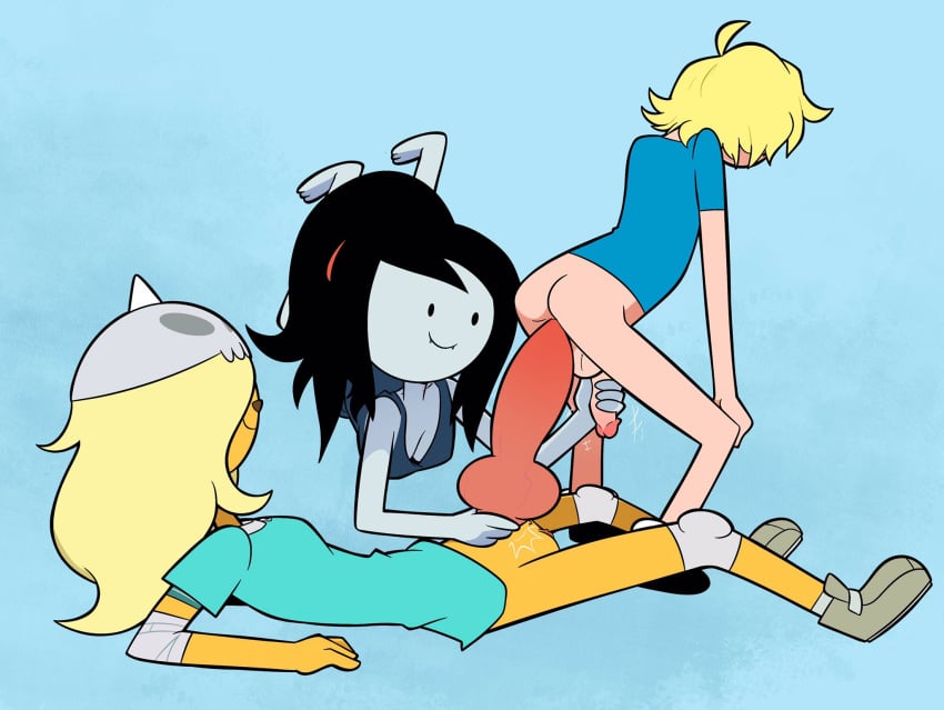 2020 adventure_time animal_genitalia animal_penis anthro ass balls big_penis black_hair blonde_hair blue_background breasts bronwyn canid canine canine_penis cartoon_network cleavage clothed clothing erection faceless_character faceless_male finn_the_human footwear futa_is_bigger futa_sans_balls futanari genitals group group_sex hair handjob herm herm/male hi_res human human_on_anthro humanoid_genitalia humanoid_penis intersex intersex/male interspecies joshin knot long_hair lying male mammal marceline marceline_abadeer on_back penile penis sex shoes side_view simple_background smile threesome vampire